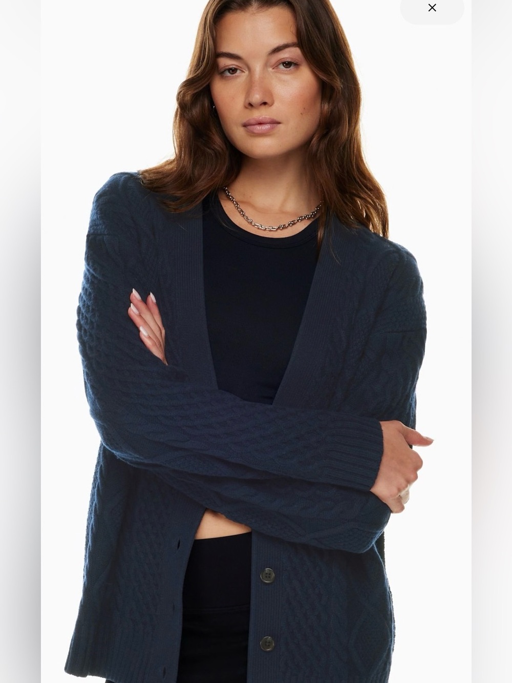 Aritiza Classic Cable Knit Navy Button-Front Cardigan Sweater